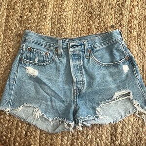 Levi’s 501 hi rise button fly distressed jean shorts
